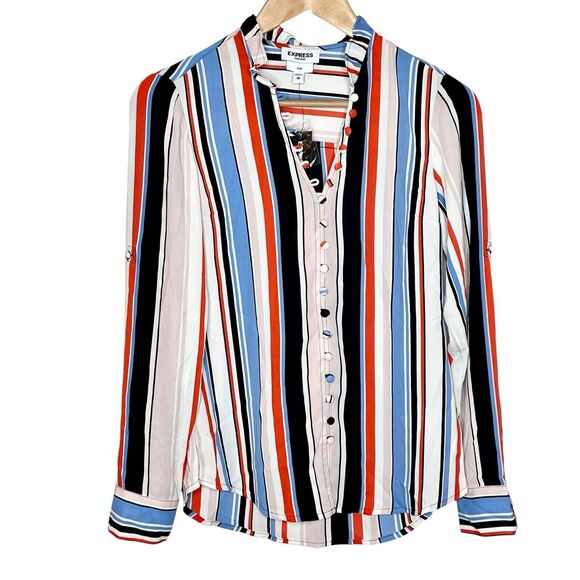 Express Portofino Slim Vertical Striped Ruffled Shirt Womens XS Career - Picture 1 of 9